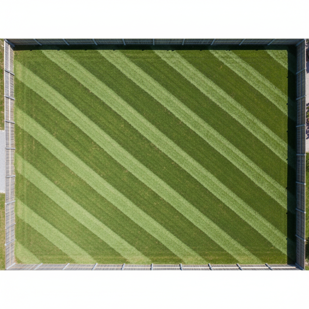 An overhead, bird’s-eye view of contrasting lawn patterns—freshly mown diagonal stripes alternating with darker, untouched grass—creates geometrically precise bands across a spacious backyard. The backdrop is a sleek, modern fence in neutral tones framing the lawn evenly on both sides. Even midday lighting provides consistent illumination, low on shadow and high on clarity, which enhances the neat lines and emphasizes the attention to technical detail. The scene feels organized and visually satisfying, anchored in a balanced, centered composition. The photographic, corporate-realism style reinforces the company’s promise of meticulous service and a structured result, making this ideal for a services or gallery page.