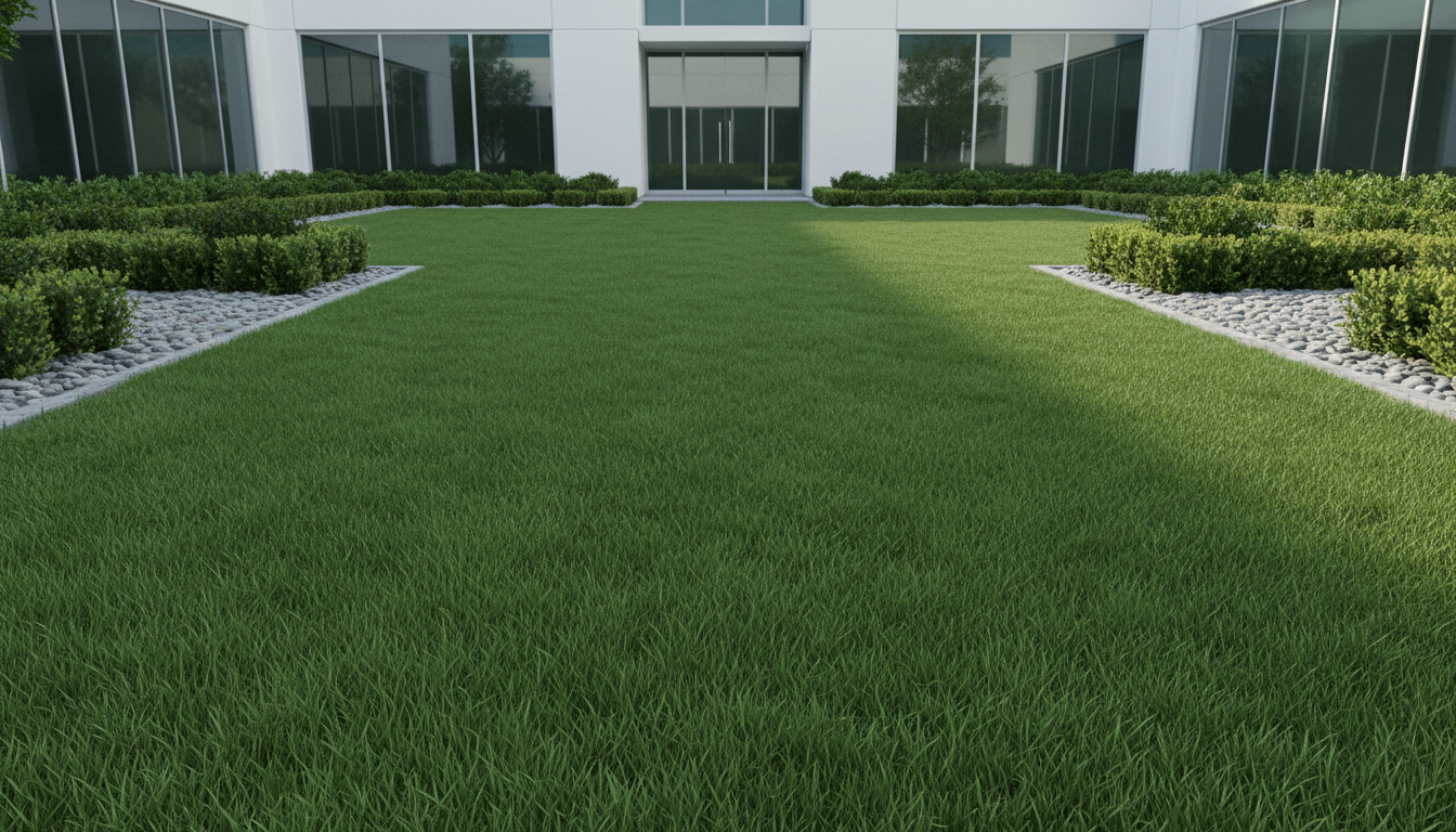 A meticulously trimmed expanse of rich green turf, each blade appearing crisp and uniform, is bordered by precisely edged garden beds filled with river stones and structured hedges. This immaculate lawn stretches in front of a modern, single-story suburban office with clean white render and large, minimalist windows. Soft midday sunlight creates evenly distributed, natural highlights across the grass, emphasizing its healthy vibrance while subtle shadows fall behind the structured hedges. The mood is professional and reassuring—emphasizing order and attention to detail. Photographed from a slightly elevated angle, the image uses balanced, centered composition and sharp focus throughout. The overall style embodies photographic realism and corporate cleanliness, making it ideal for a professional lawn mowing company’s homepage.