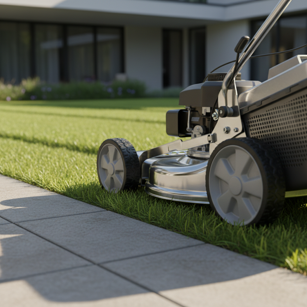 A close-up of a high-end, stainless steel lawnmower with polished, reflective surfaces and robust, textured wheels resting on a patch of freshly cut, uniformly short grass. The finely clipped grass builds a neat strip behind the mower, signifying recent use and efficiency. The mower is situated at the edge of a contemporary property’s manicured lawn, with neutral-toned stone pavers nearby. The scene is illuminated by gentle early morning sunlight, casting soft, elongated shadows for depth. The mood is crisp, efficient, and trustworthy, conveyed by a shallow depth of field and a rule-of-thirds composition focused on the machinery’s detail. The photographic style reinforces a sense of professionalism and precision aligned with a structured, corporate aesthetic.