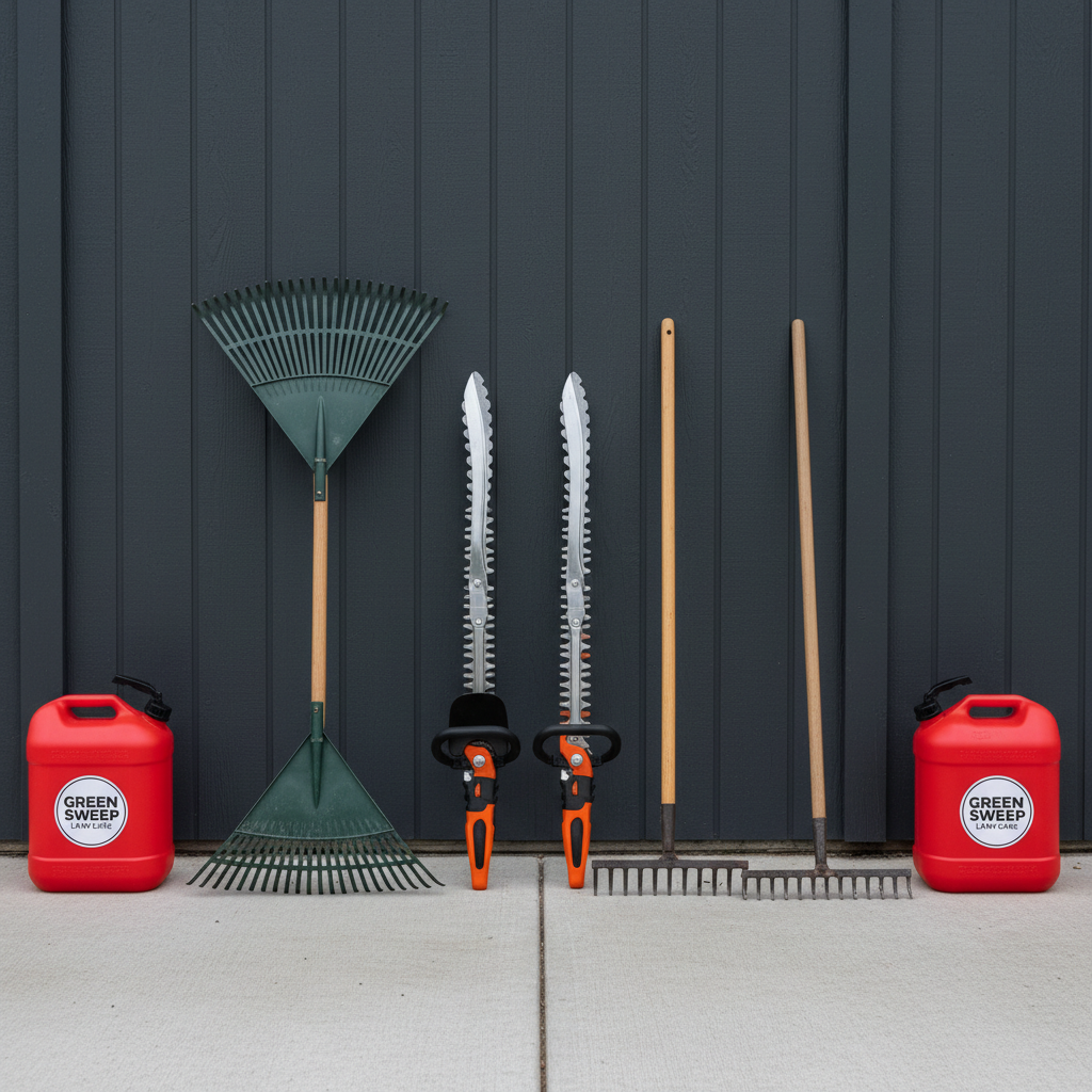 An organized display of various lawn care tools—pristine hedge trimmers, ergonomic rakes, and clean fuel canisters—lined up against a charcoal-gray shed with vertical paneling. Each tool glistens under diffused, overcast natural light, which minimizes glare and highlights textures without harsh shadows. The tools are neatly spaced on a smooth, concrete pad, conveying discipline, readiness, and reliability. Photographed at eye level with balanced composition and sharp focus, the image communicates professional preparation and trust, supporting the brand’s dedication to quality service. The overall mood is calm, efficient, and orderly, with a clean, photographic realism that amplifies the website’s structured, corporate aesthetic.